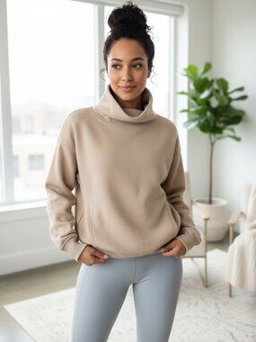 Zella Ultracozy Fleece Funnel Neck Top Tan Small As-Is